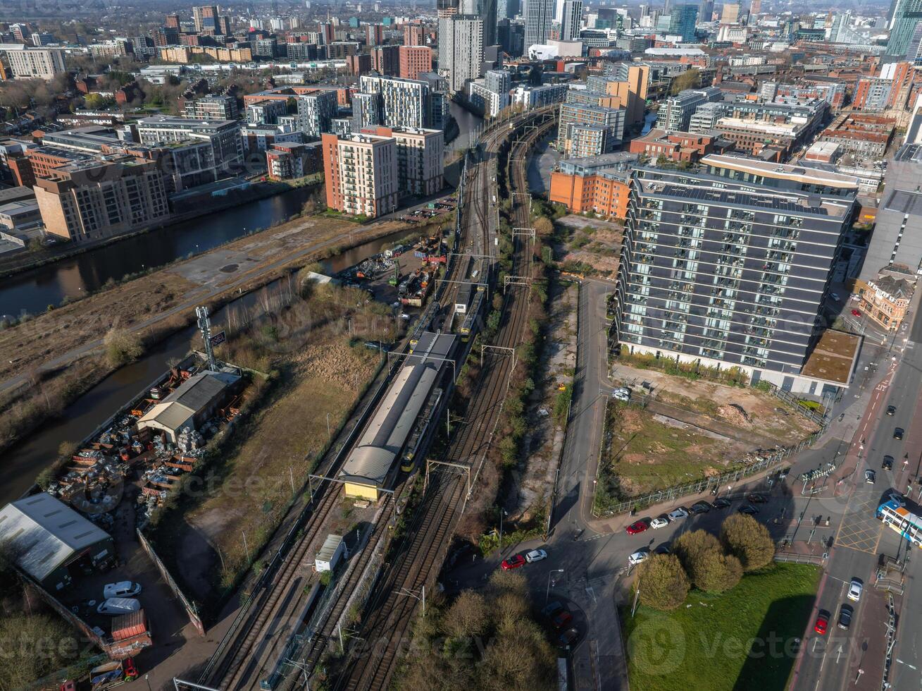 Aerial view of Manchester, UK, on a sunny day with railway tracks, a canal, modern skyscrapers, historic buildings, and a dense urban layout. photo