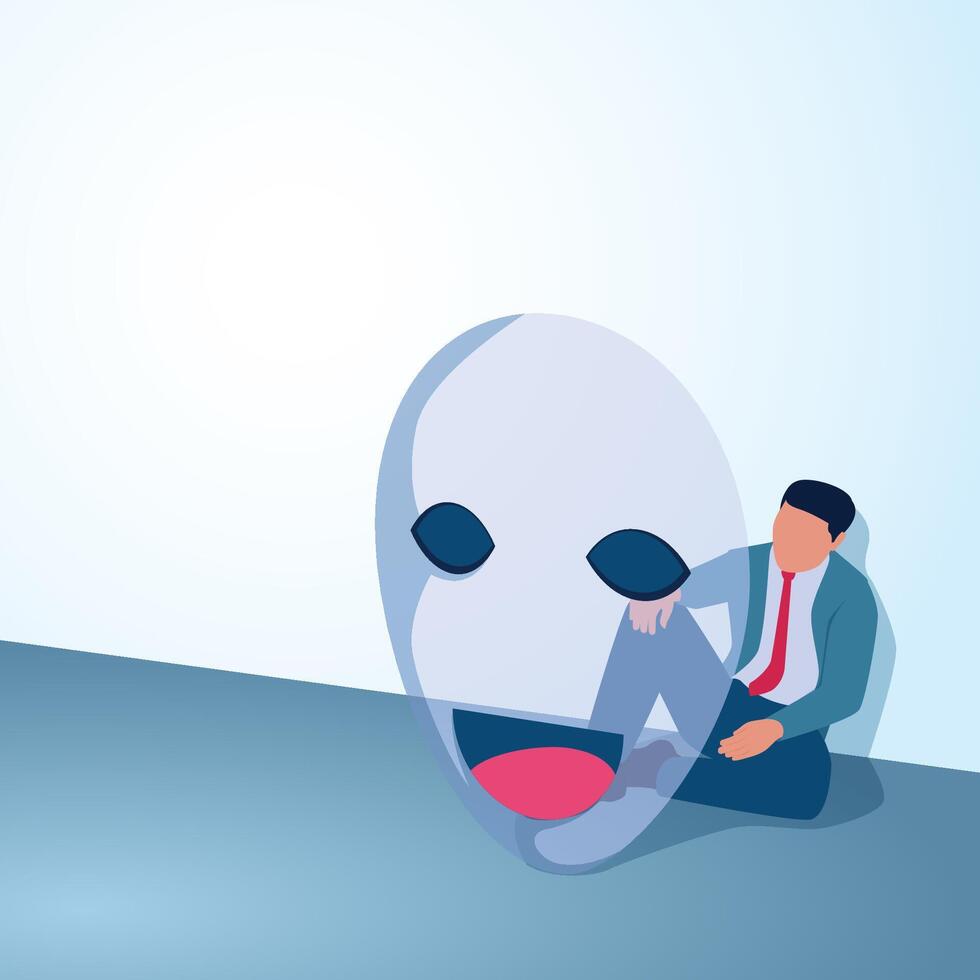 A man sits dejectedly behind a smiling face. A metaphorical illustration of lies, falsehood and hypocrisy in business. vector