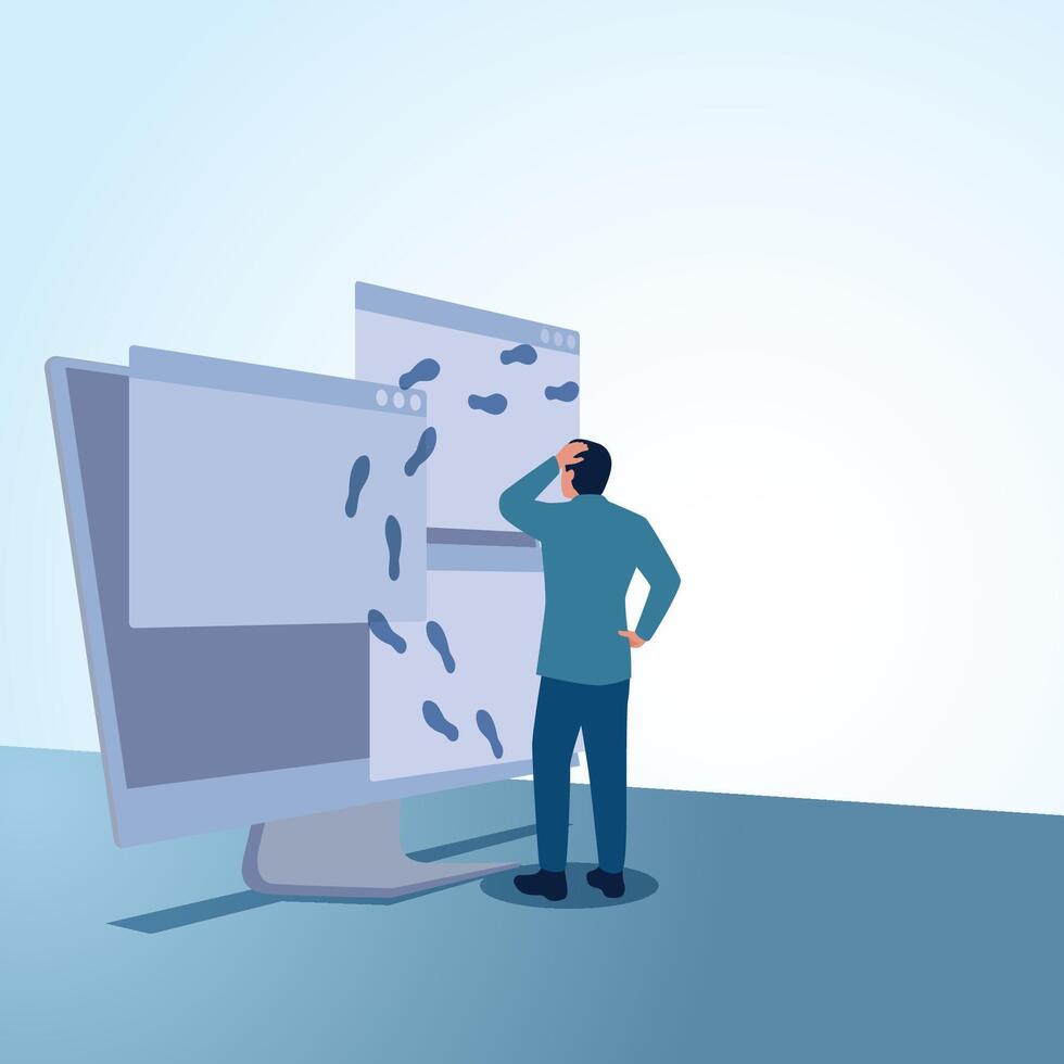 A man looks at a web page and there are footprints. A metaphorical illustration for digital footprints, browser history and tracking. vector