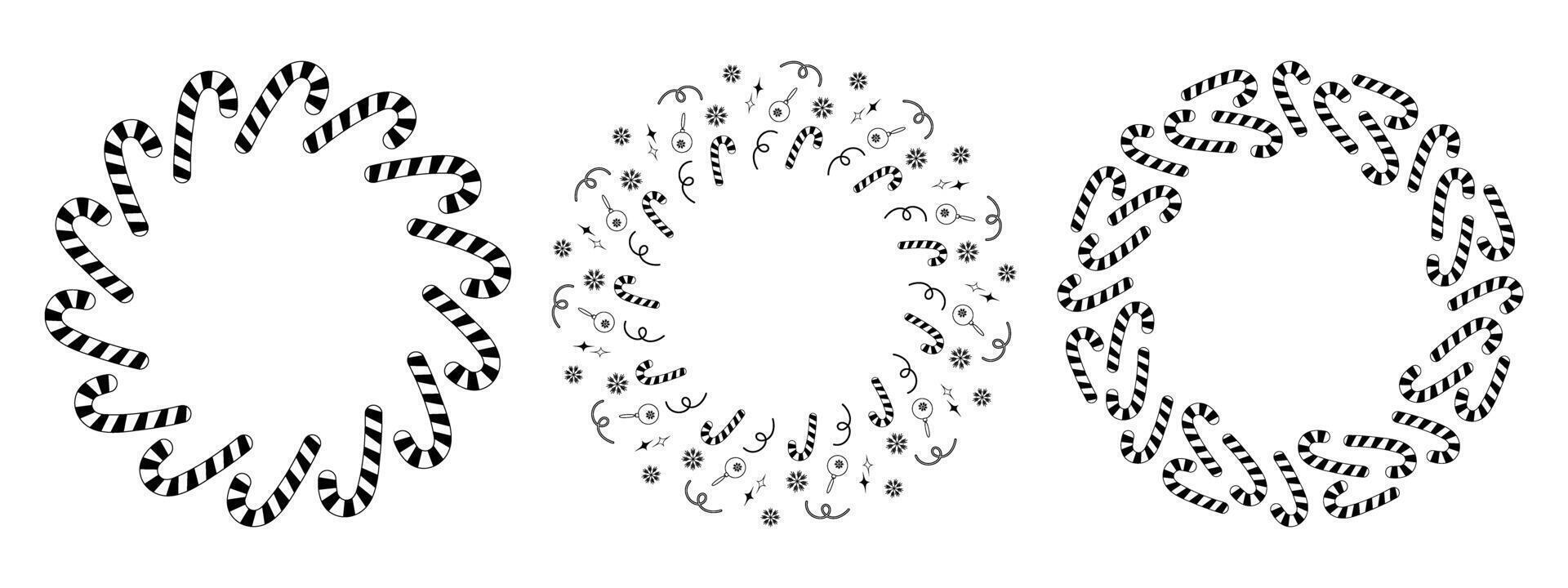 Stripe Candy Cane Snowflakes Christmas Decorations Black and White Wreath Christmas Frame border Set. Isolated illustration New Year Greeting Cards, poster, label or web promo banner, leaflets vector