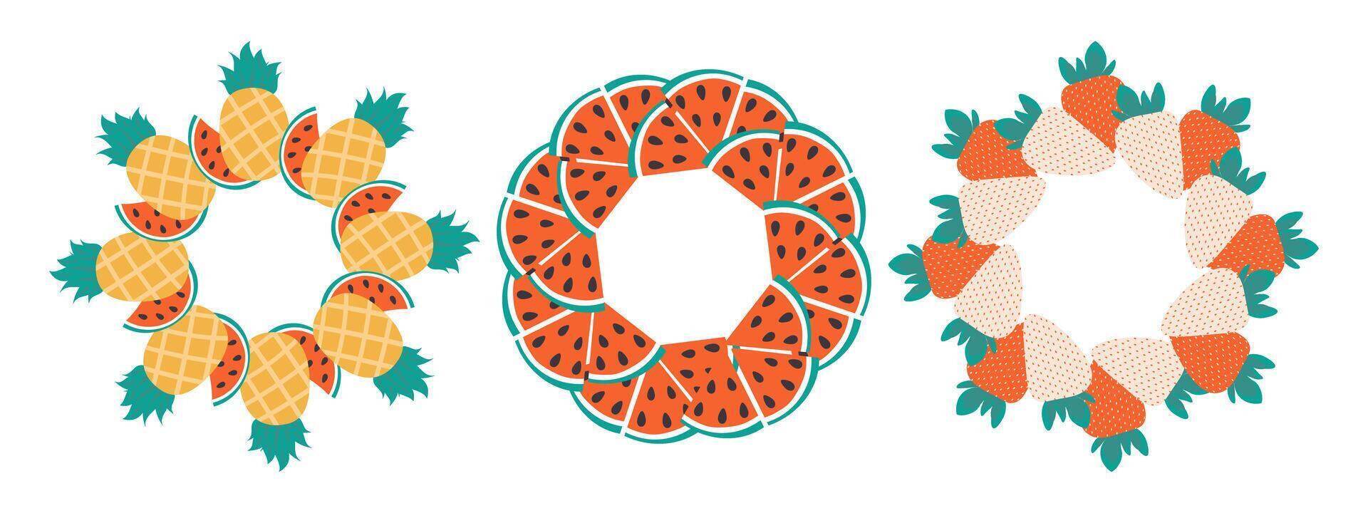 Pineapple Watermelon slices White and Red Strawberry Circular Frame borders Copy space Template Set. Isolated illustration Thematic or menu cards or web promo banner, leaflets, price tag, label vector