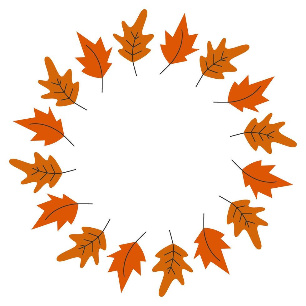 Freehand Maple and Oak dry leaves Circular Frame border Autumn Holiday Greeting Copy space Template. Isolated illustration Thanksgiving Cards, poster, price, label or web promo banner, leaflets vector