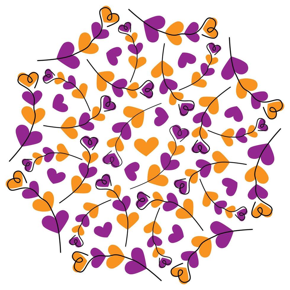 Outline Heart shaped branches on hearts in Halloween shades Circular Background Greeting Template. Isolated illustration Greeting Invitation Party Cards, poster or web promo banner, leaflets vector