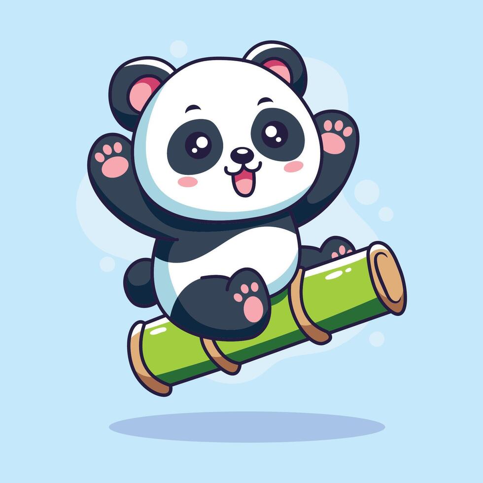 Cute panda flying with bamboo. cartoon illustration. vector