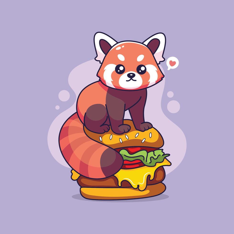 Cute red panda sitting on a big burger. illustration. vector