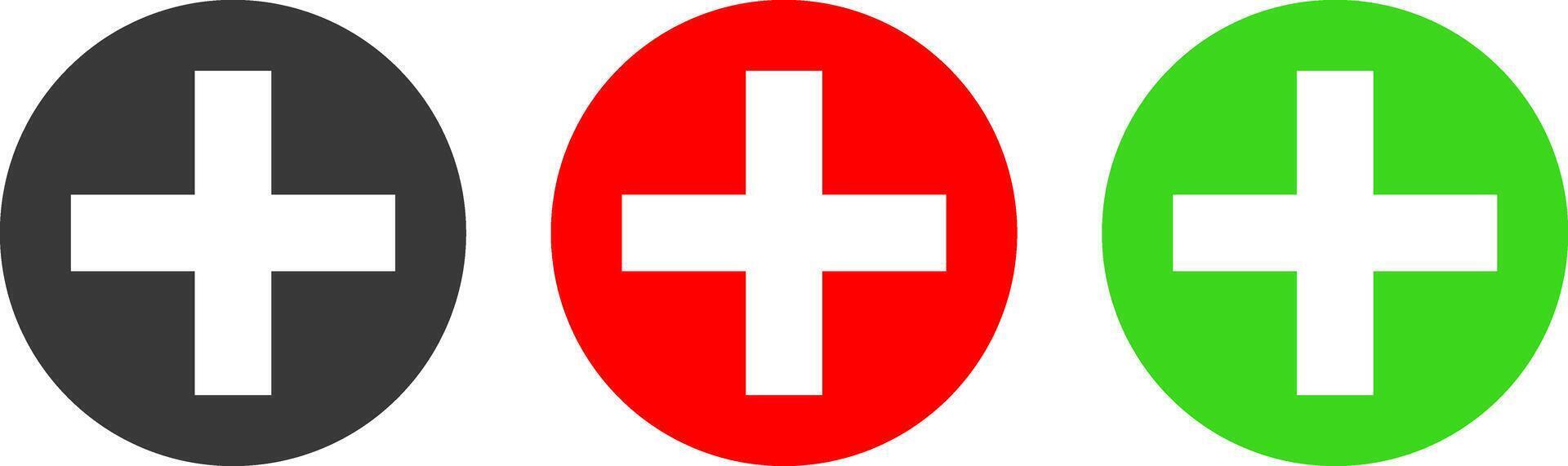 plus icon set. medical or pharmacy icon. red and green color. Plus minus and multiplying round button. add icon symbol vector