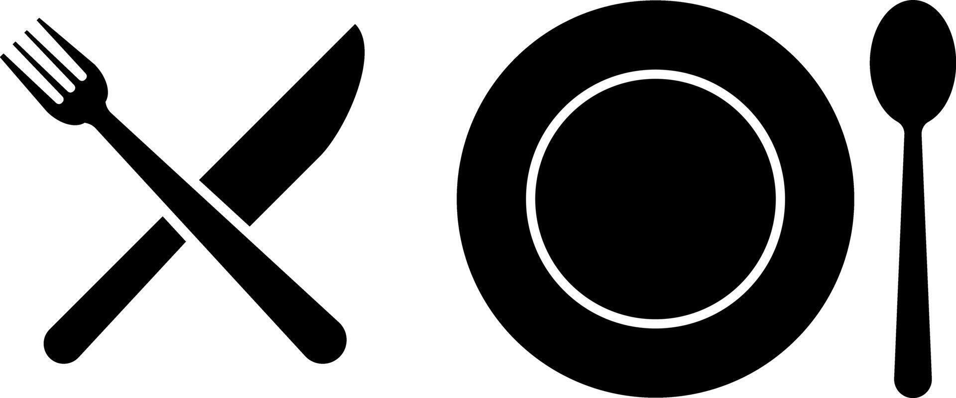 Set of fork, knife, plate and spoon icon. Cafe icon set. Tableware instruments. Restaurant icon. Dinnerware icon symbol. Restaurant sign and symbol vector