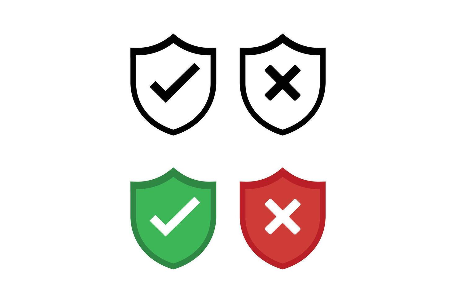 Verified Not Verified Shield Icons, right and wrong button in shield, security shield with tick and cross icon, verified and rejected shield symbol vector