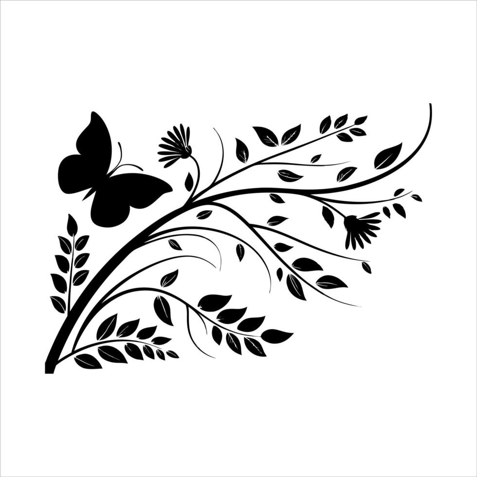 Black and white floral design element with leaf and swirl pattern vector