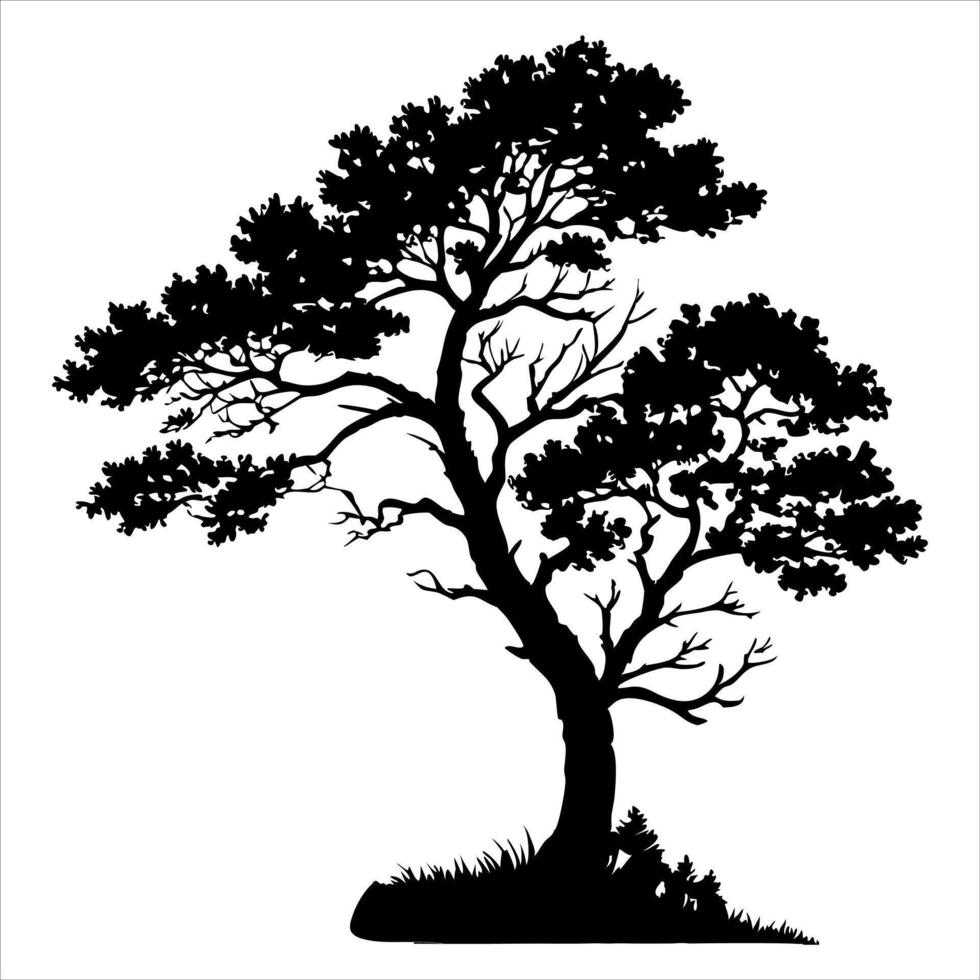 Black tree silhouette set features bare branches against a winter sky, a single dead plant illustration in a forest landscape design vector