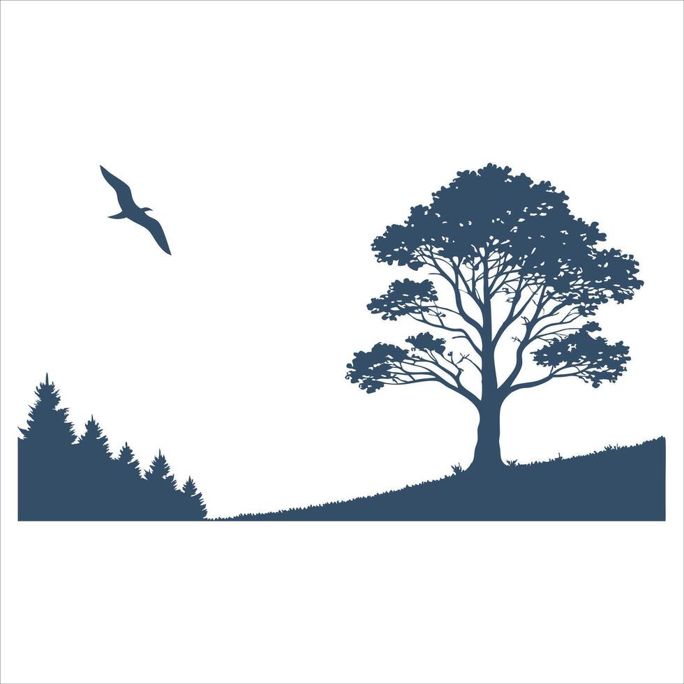 art of trees and birds depicts a winter landscape silhouette with a bare branch against the cold sky vector