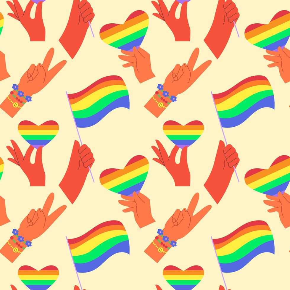 Seamless pattern with LGBT flags, hearts vector