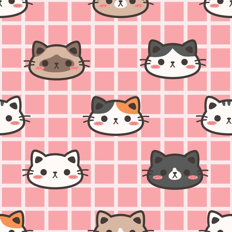 Cute cat face cartoon seamless pattern on pink grid background vector