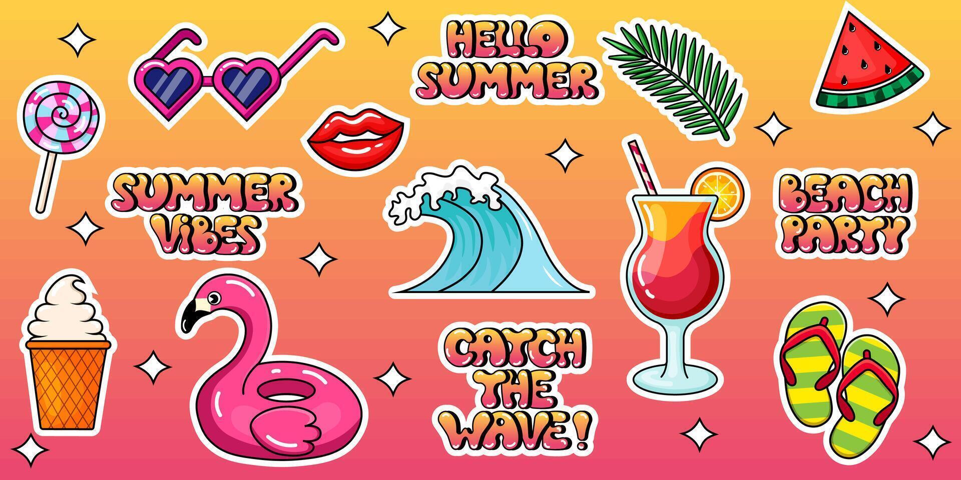 Summer set in retro style. Summer icon set for sticker, signs, banners. Glasses, cocktail, wave, ice cream, lollipop, flip flops, watermelon, flamingo, summer phrase . illustration vector