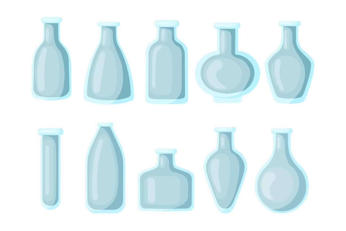 Set of glass empty bottle in flat style isolated on white background. Bottles for chemicals, perfumes, cosmetics. illustration vector