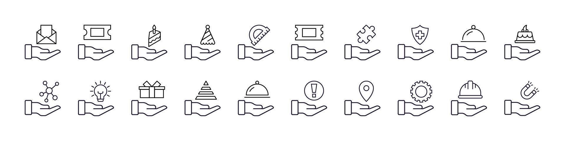 Helmet, Food, Mail etc on Hand Modern Outline Style Icons for Design, Cards, Apps, Social Networks vector