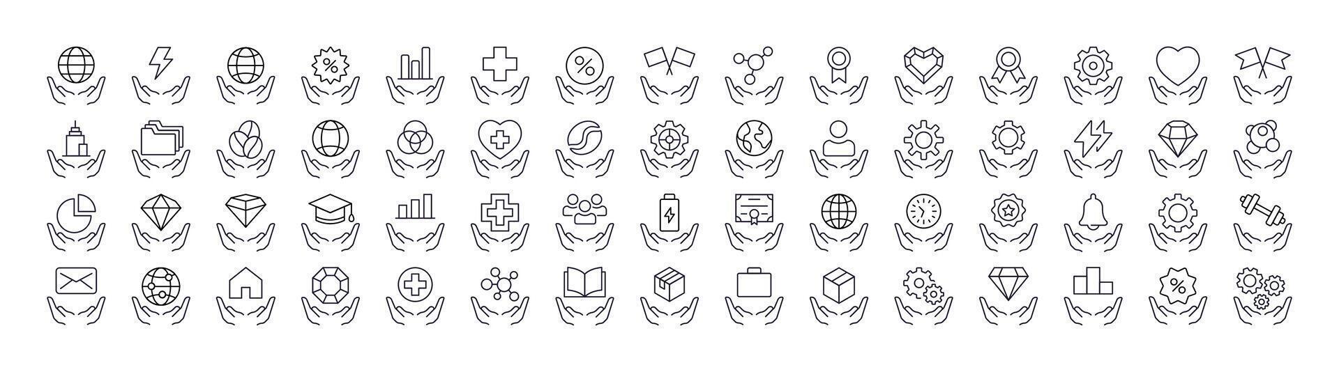 Time, Gem, Health etc over Open Hand Line Icon Set. Outline Signs for Graphic and Web Design, Apps, Adverts, Various Cards vector
