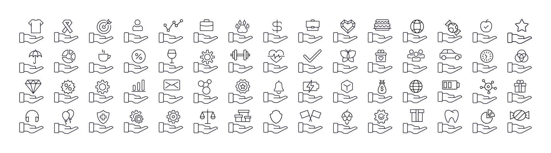 Different Items on Hand Line Icon Pack. Outline Signs for Graphic and Web Design, Apps, Adverts, Various Cards vector