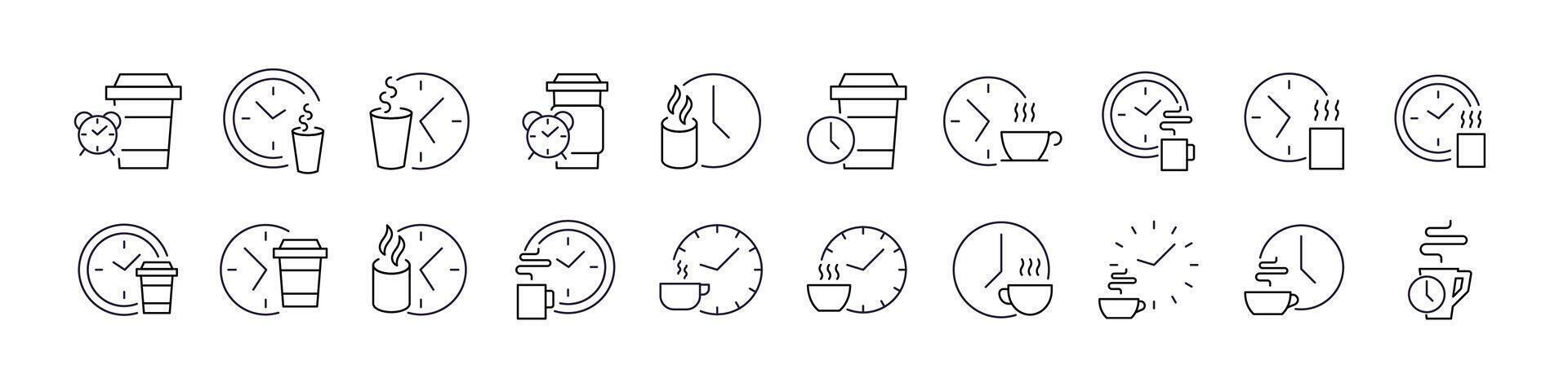 Coffee Break Line Icon Collection. Coffee and Clock Outline Signs for Graphic and Web Design, Apps, Adverts, Various Cards vector
