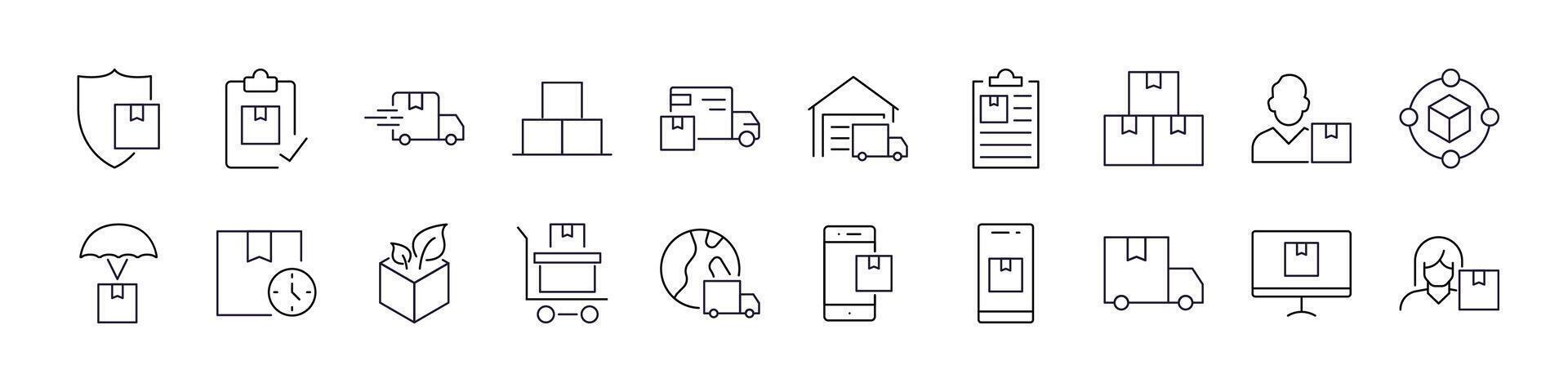 Set of Delivery Related Line Icons. Truck, Box, Shipping Outline Signs for Graphic and Web Design, Apps, Adverts, Various Cards vector