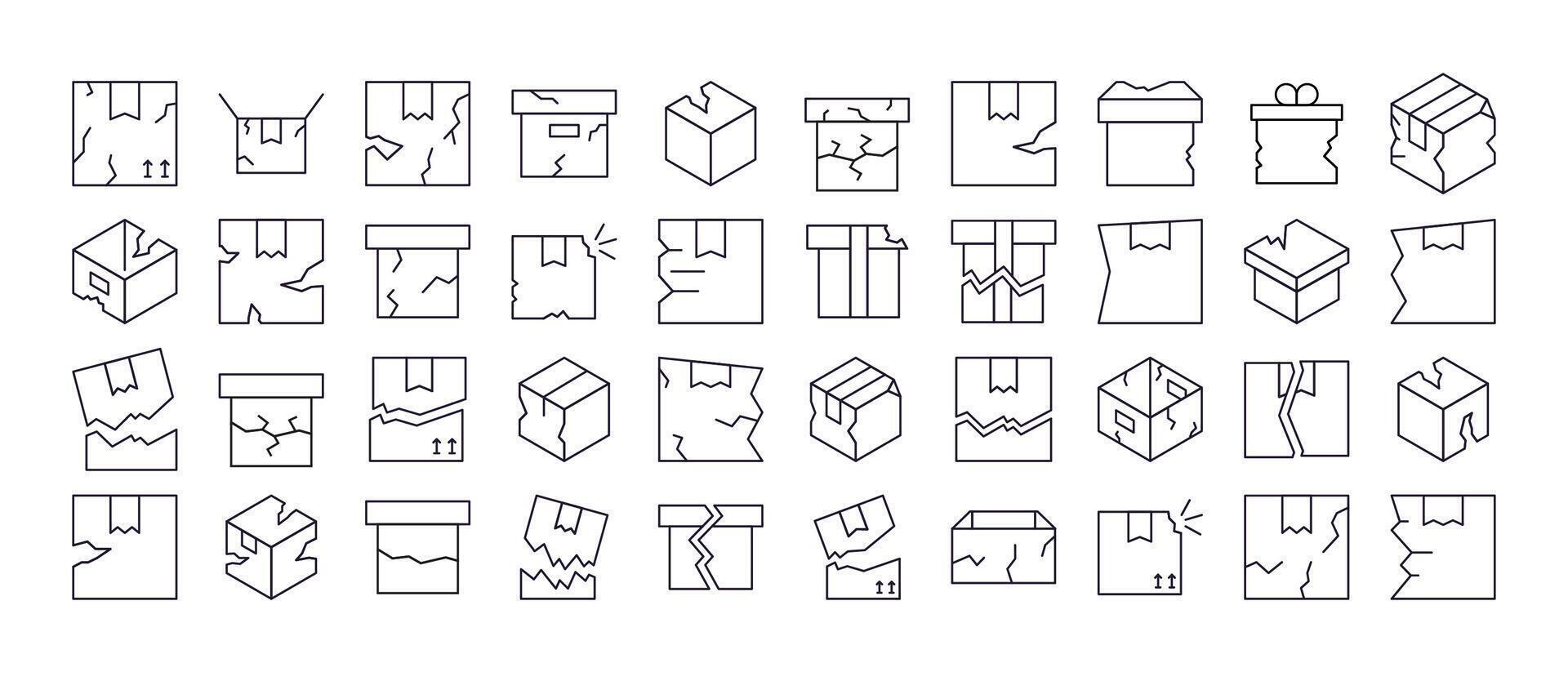 Broken Box Thin Line Icon Set. Outline Signs for Graphic and Web Design, Apps, Adverts, Various Cards vector
