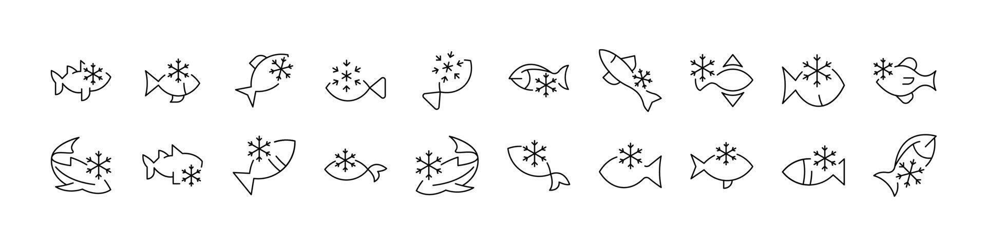 Bundle of Frozen Fish Related Line Icons. Outline Signs for Graphic and Web Design, Apps, Adverts, Various Cards vector