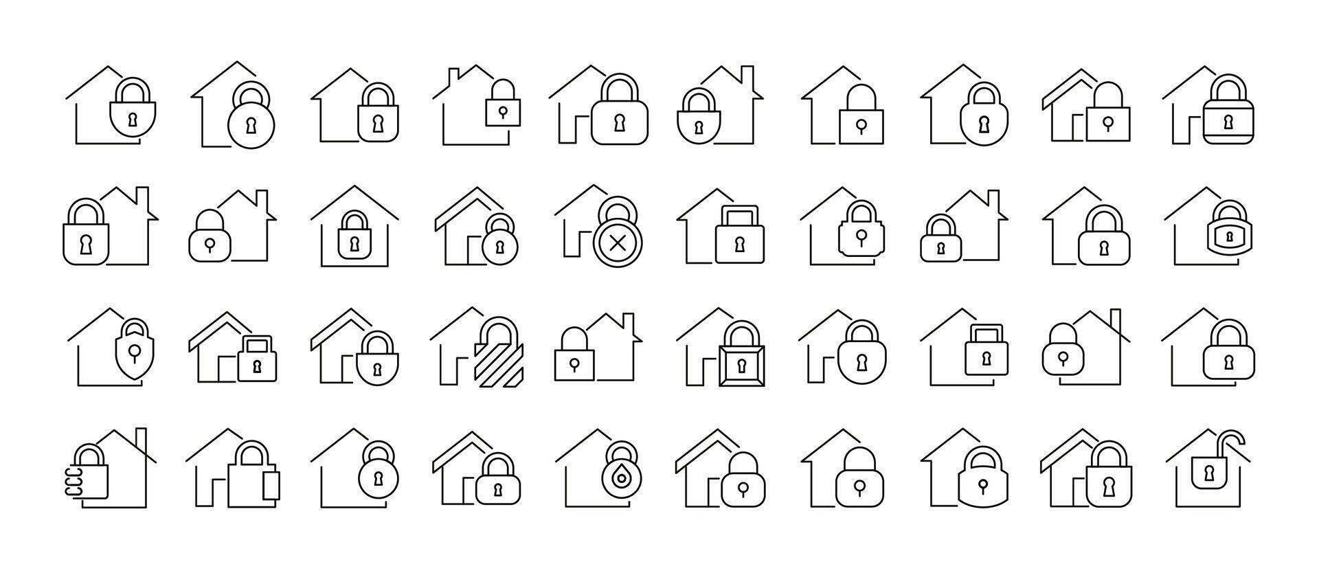 House with Lock Line Icon Collection. Minimalistic Linear Pictogram for Web and Graphic Design, Apps, Banners, Social Network and Cards vector