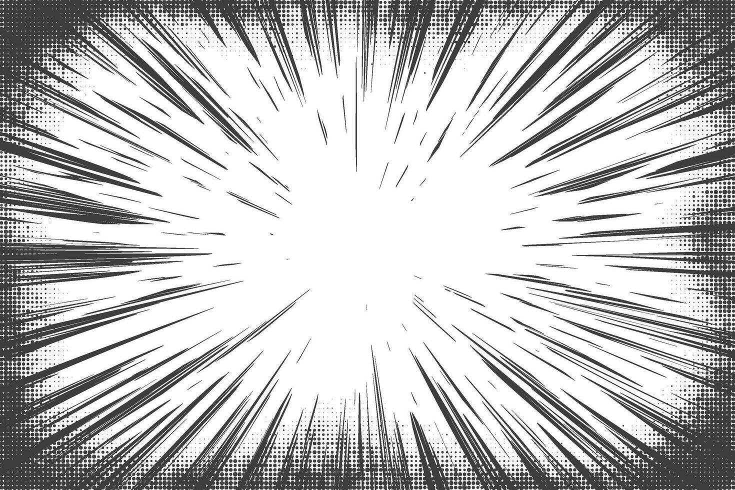 Comic speed lines background with radial burst and halftone effect. Cartoon anime action rays motion. Perspective zoom explosion with splashes. abstract graphic vector