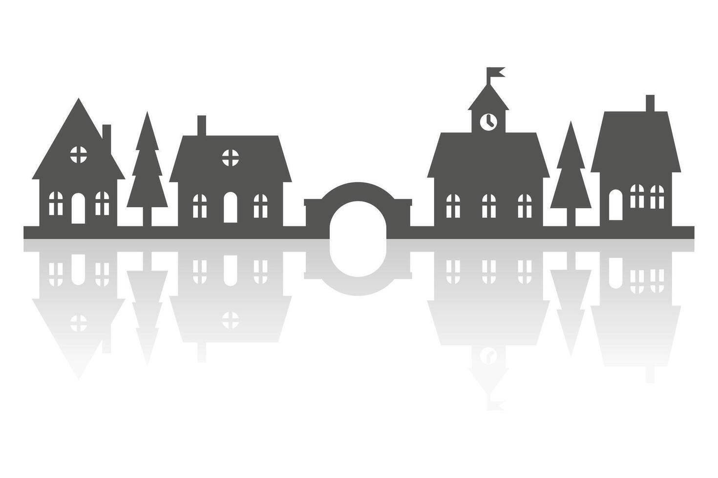 Silhouette of neighborhood houses. Small homes and buildings on skyline. Christmas town and village on white background. Row of cottages on the street with fir trees. Winter landscape with shadow vector