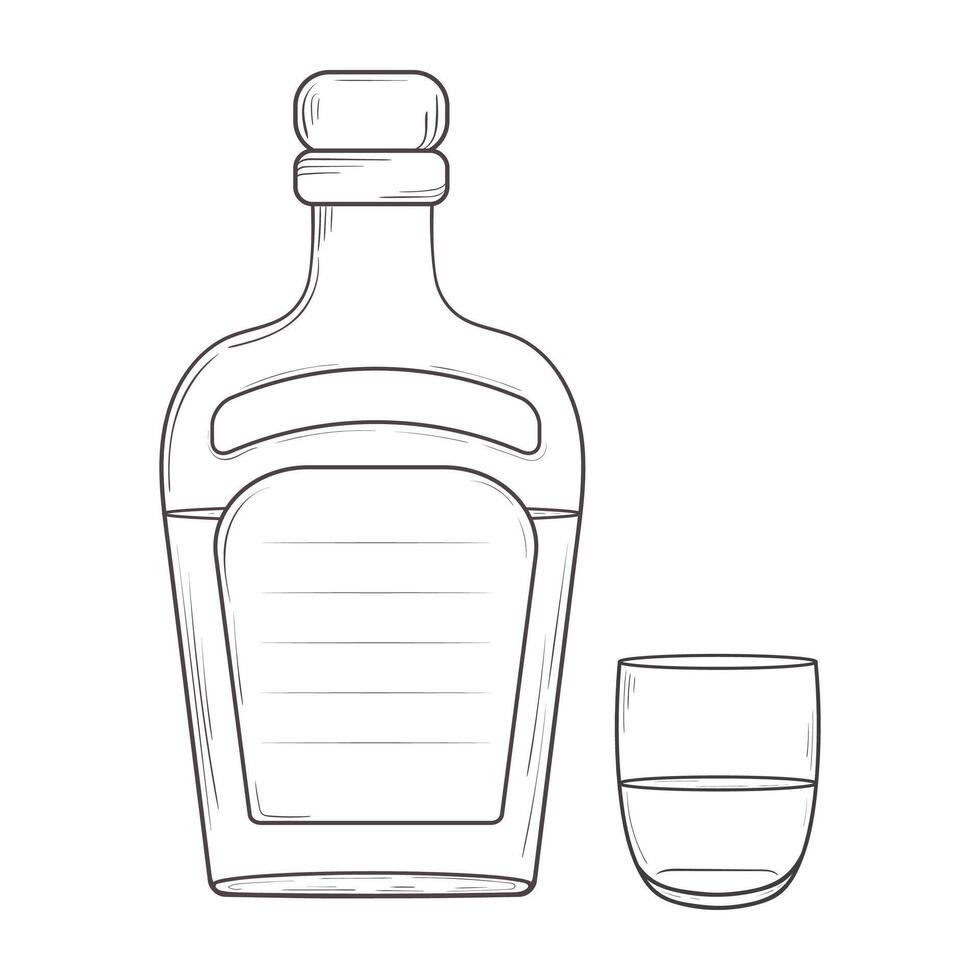 Outlined illustration of a bottle and a glass with a stem. Hand drawn outlined bottle of alcohol balm and a glass filled with a liquor vector