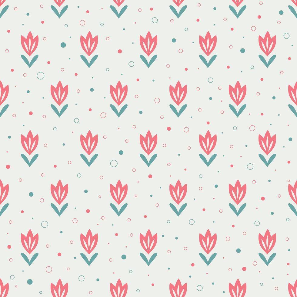 Cute seamless pattern with playful pink tulips. Geometric joyful background for textiles, wrapping paper, children's decor, nursery, kitchen vector