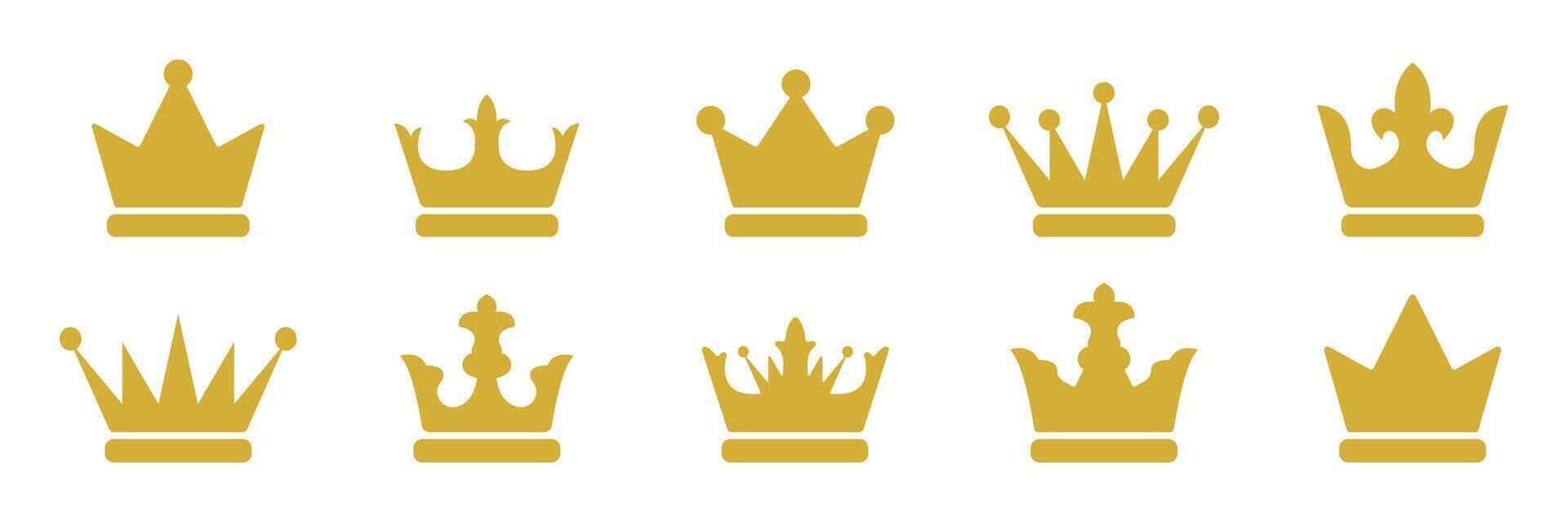 A set of crowns with different shapes and sizes. The crowns are all gold and are arranged in a row vector