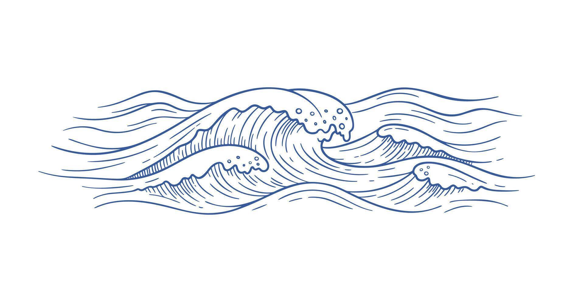Ocean wave blue linear art on white background. Banner template for logo, holiday, travel, spa and relax style. Banner drawing minimalistic designwave, sea foam and breeze with copy space of vector