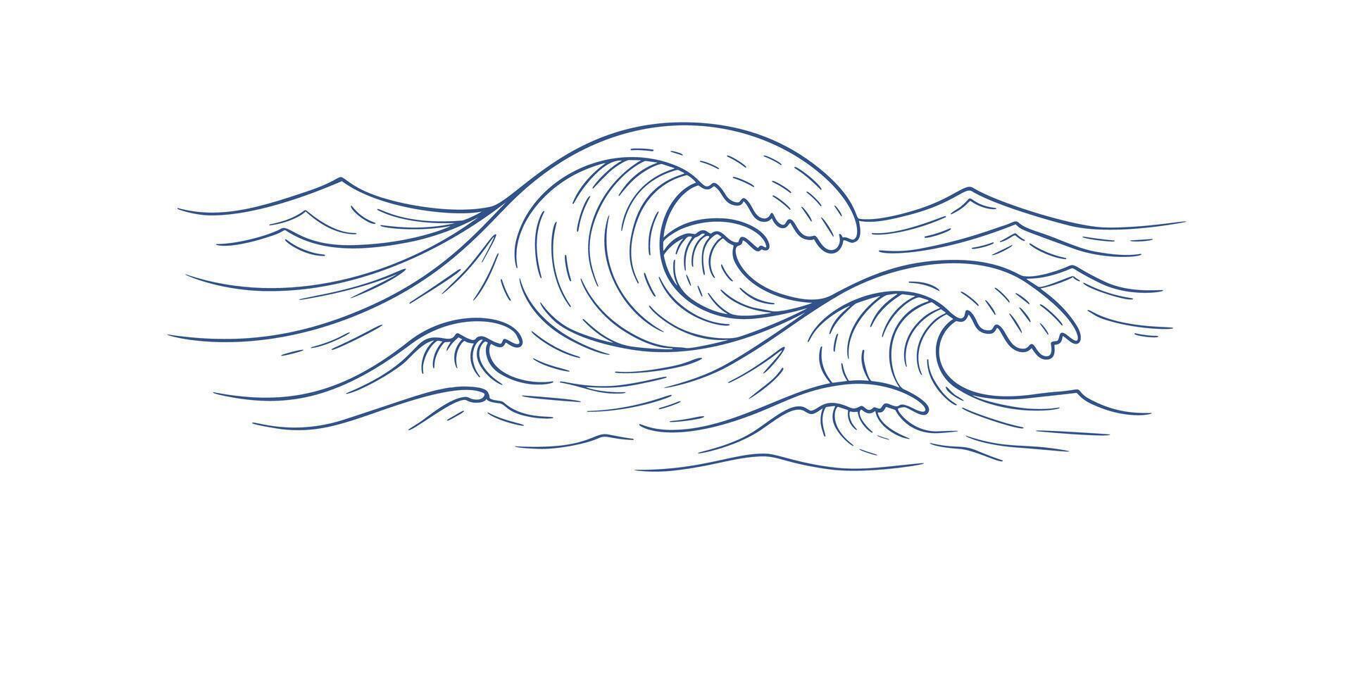 Ocean wave linear art on white background. Banner template for logo, holiday, travel, spa and relax style. Banner drawing minimalistic design of wave, sea foam and breeze with copy space vector