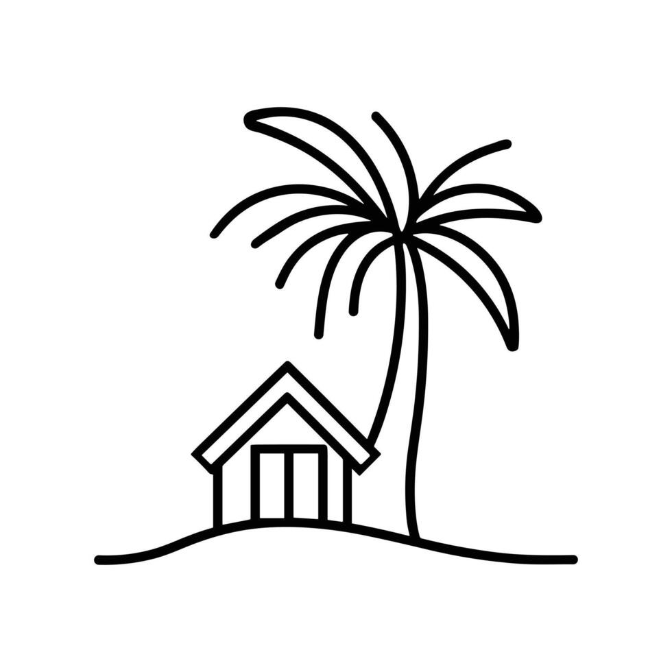 Outline beach house icon. Tropical island resort with palm, holidays concept. Thin line sign, black and white colors vector