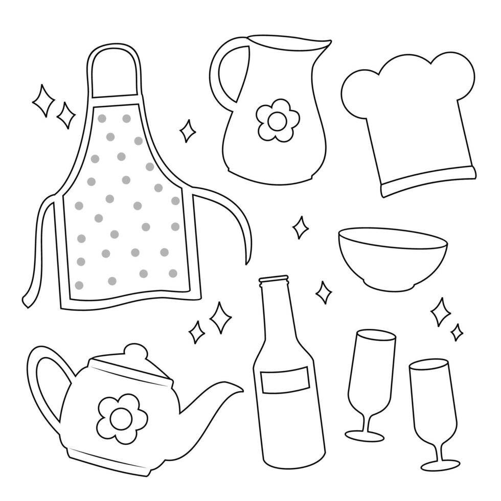 cute coloring pages book with kitchenware illustration vector