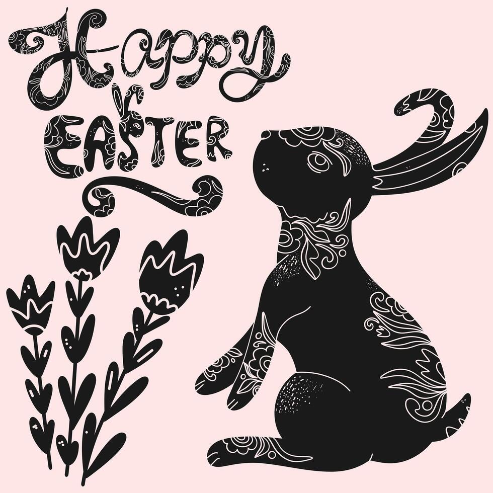 happy easter card with black rabbit and flowers vector