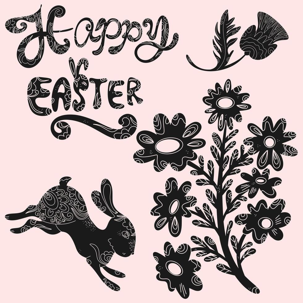 easter greeting card with flowers and a rabbit vector
