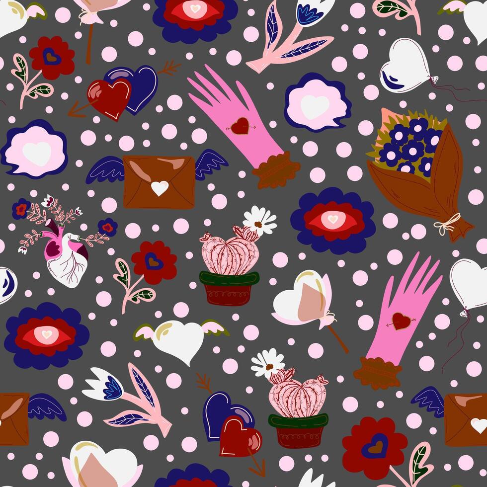a pattern with hearts, flowers. and other items vector