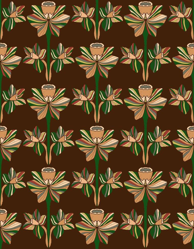 a brown and green floral pattern on a brown background vector