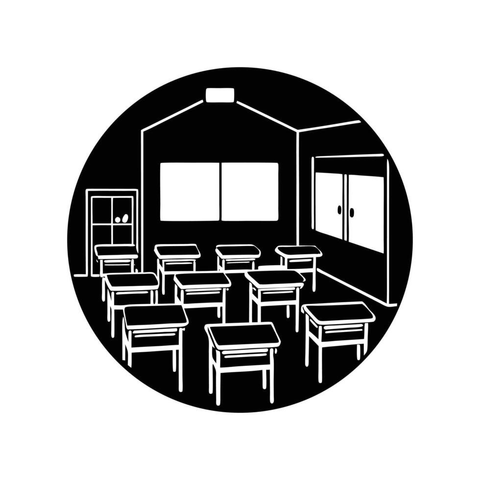 Classroom With Desks Board, Door In Black And White vector