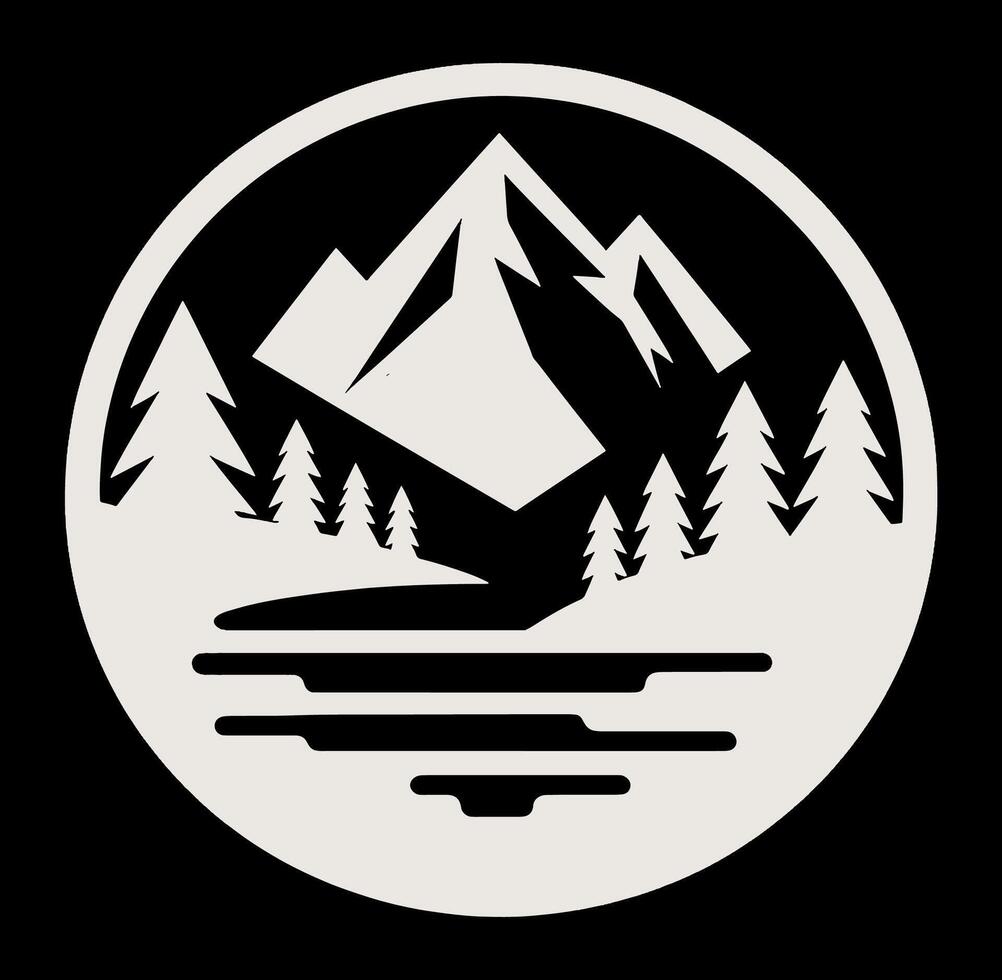 A black and white logo with mountains and trees vector