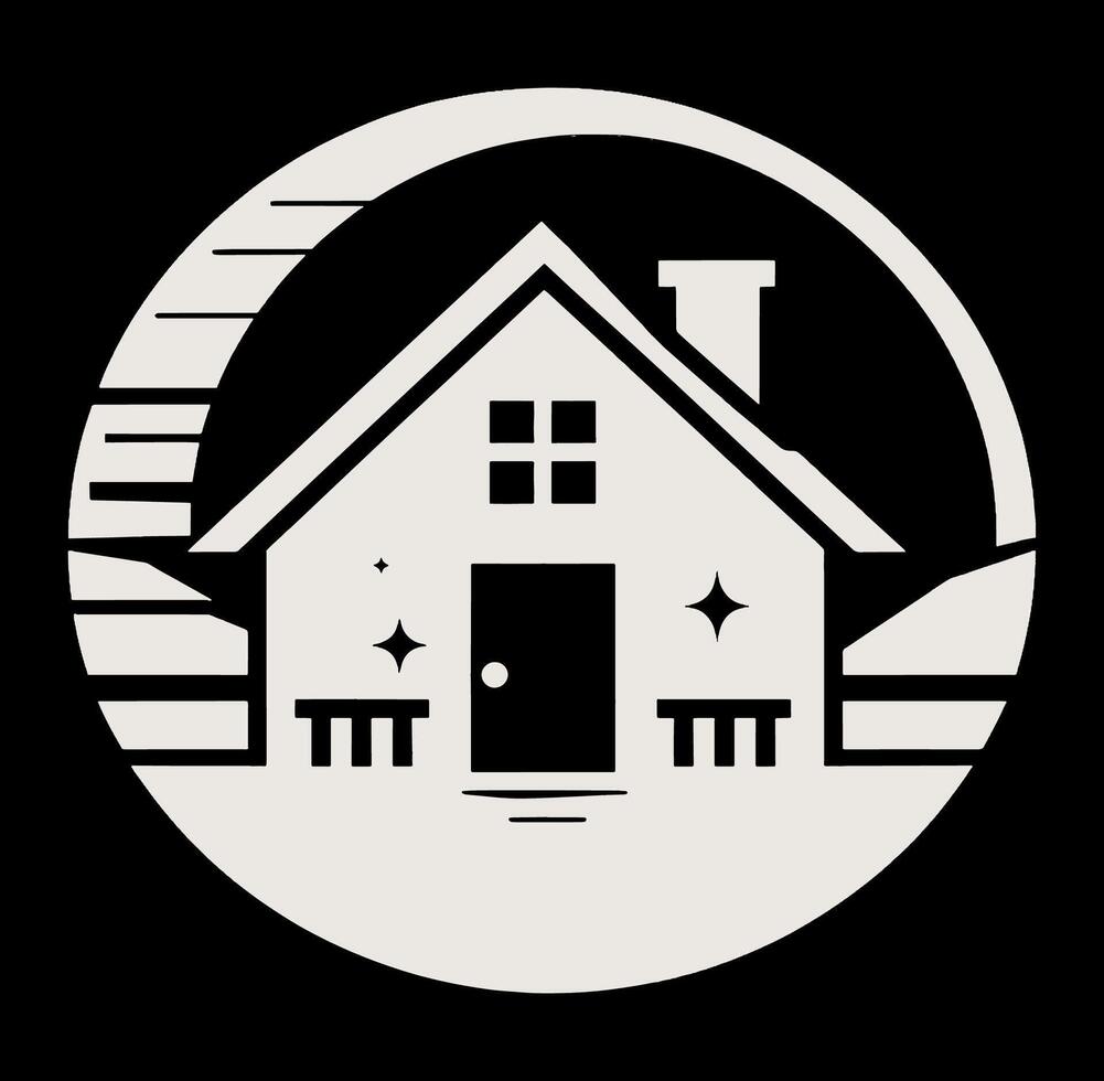 A black and white logo of a house with a moon in the background vector