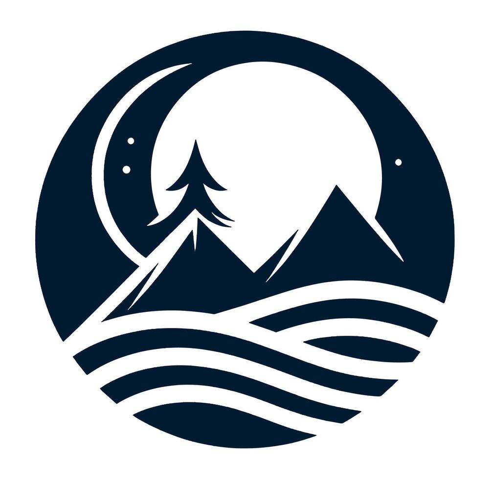A mountain and a moon in a circle logo vector