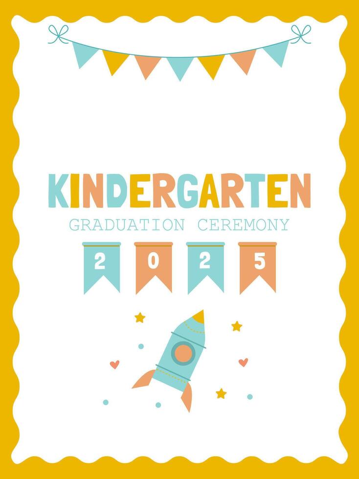 Bright vertical template for the occasion of kindergarten graduation with a cute rocket vector