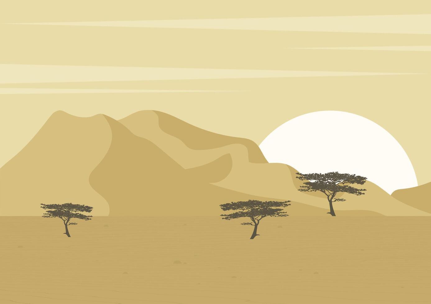 Desert landscape dunes and trees illustration. Kgalagadi Transfrontier Park poster. Aesthetic Sahara panorama vector