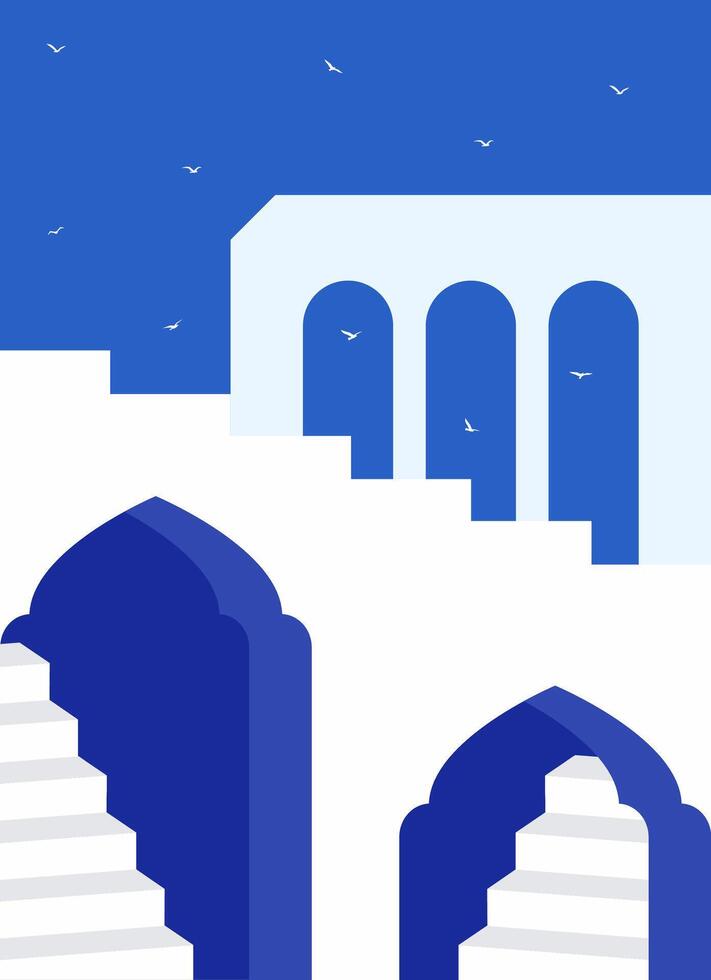 Greece Santorini view. Greek white buildings illustration. Mediterranean European culture and architecture vector