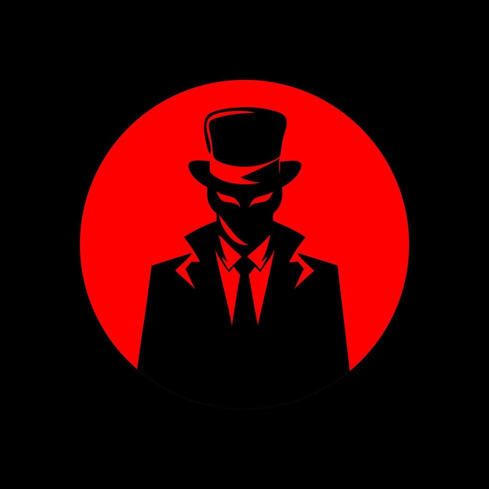 Mysterious Masked Man in Suit and Top Hat Silhouette with Red Background vector