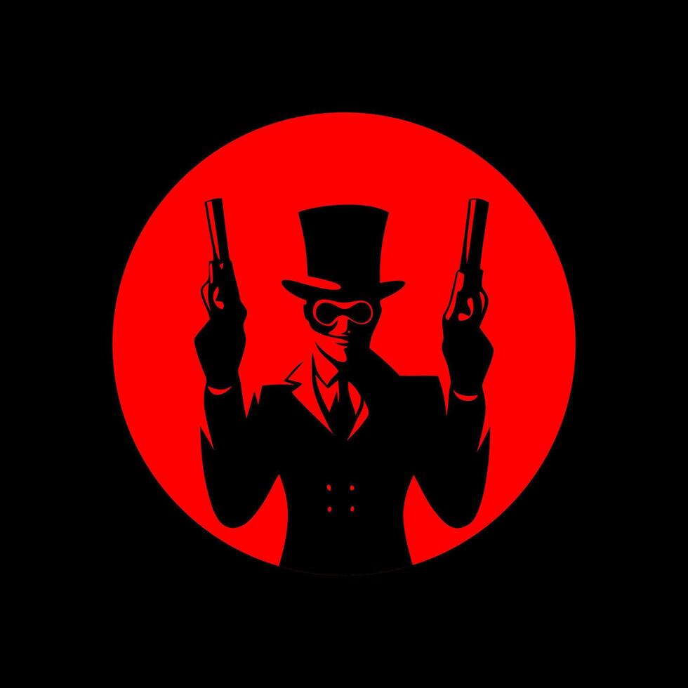 Mysterious Gunslinger with Top Hat and Mask in Bold Red and Black Silhouette vector