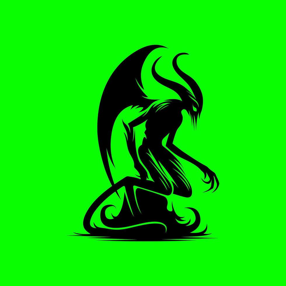 Dark Winged Demon Silhouette, Evil Horned CreatureIllustration vector